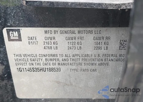 2017 Chevrolet Impala 2Lz из США, поврежденный, VIN 1G1145S35HU188539